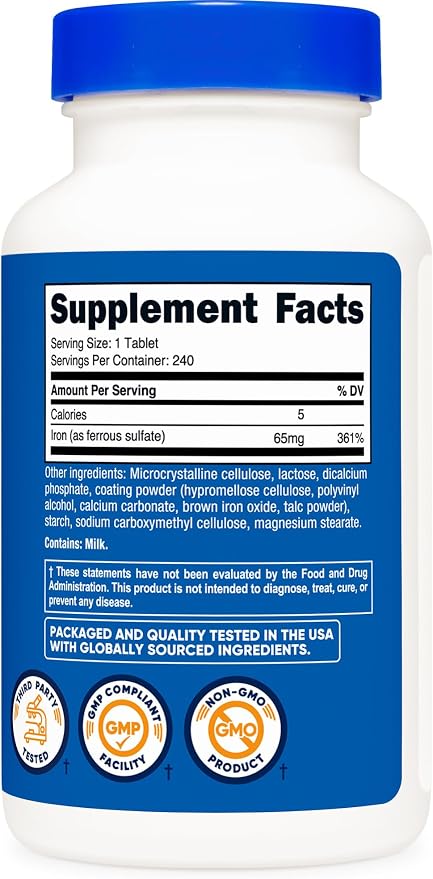 Nutricost Iron (As Ferrous Sulfate) 65mg, 240 Tablets - Non-GMO, Gluten Free (Pack of 2)