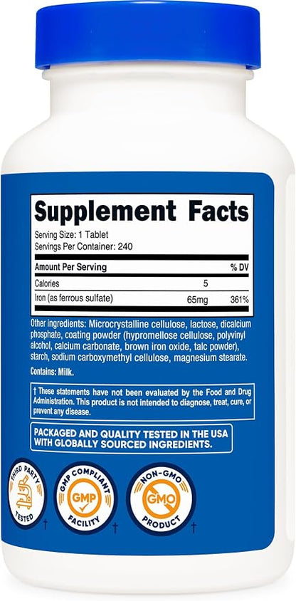 Nutricost Iron (As Ferrous Sulfate) 65mg, 240 Tablets - Non-GMO, Gluten Free (Pack of 2)