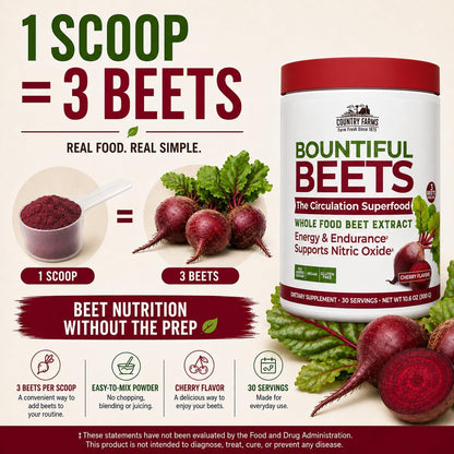 Country Farms Bountiful Beets, Wholefood Beet Extract Superfood, Helps Support Healthy Circulation and Promote Energy, Nitric Oxide Boost, Cherry Flavor, 30 Servings