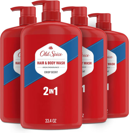 Old Spice Refreshing 2-in-1 Body & Face Wash for Men, High Endurance, 3X Defense, 24/7 Shower Fresh with Lasting Scent, Crisp Scent, 33.4 oz (Pack of 4)