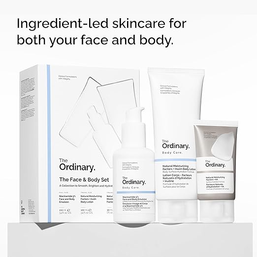 The Ordinary Face & Body Set Daily Skincare Routine with Niacinamide 5% Face & Body Emulsion, Natural Moisturizing Factors + Inulin Body Lotion, and Natural Moisturizing Factors + Hyaluronic Acid