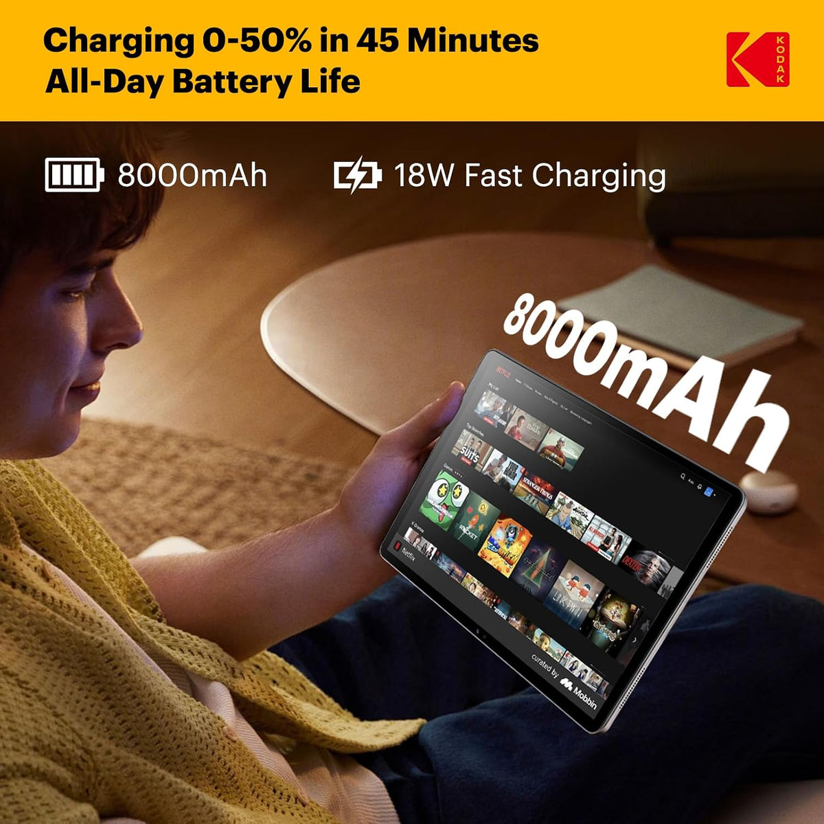 KODAK K12 12 Inch Android 15 Tablet, 18GB RAM 128GB ROM(1TB Expandable), 2000x1200 Incell Display, Octa-Core Processor, 8000mAh Battery, Dual WiFi, Bluetooth