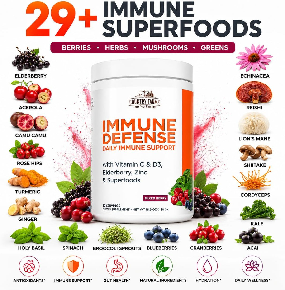 Country Farms Immune Defense Superfoods, Immune Support Supplement, Vitamin C with Black Elderberry, Echinacea, Turmeric, Supports Hydration, with Probiotics and Prebiotics, Berry Flavor, 60 Servings