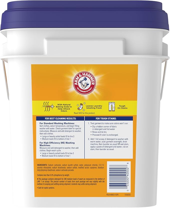 Arm & Hammer Powder Laundry Detergent, Professional Soap for Washing Clothes, 290 Loads, Free and Clear, Bulk 18lb Pail