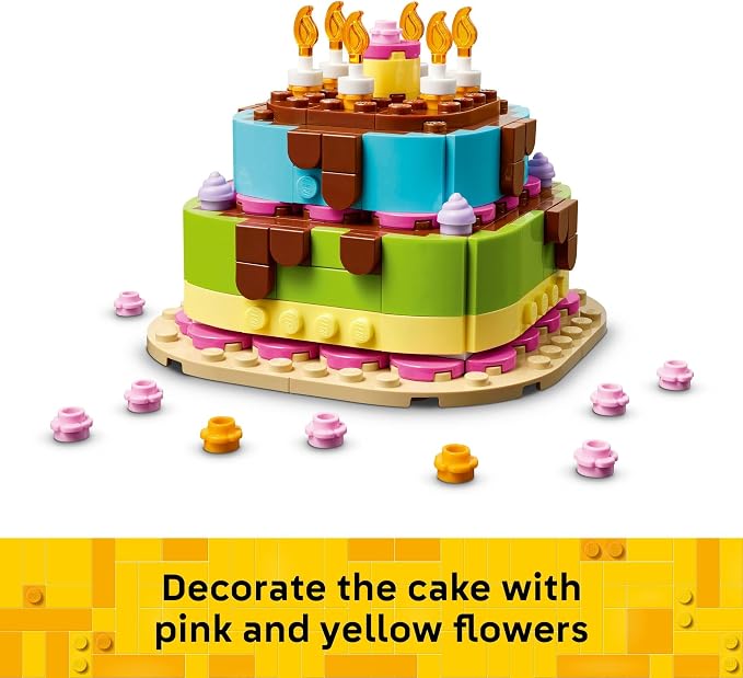 LEGO Birthday Party Cake - Building Toy for Boys & Girls, Ages 7+ - Birthday Decoration with 10 Candle Accessories - Craft for Kids - 40815