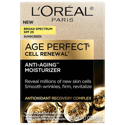 LOreal Paris Age Perfect Cell Renewal Anti-Aging Day Moisturizer with Broad Spectrum SPF 25 Sunscreen,Antioxidants,and Vitamin E 1.7oz,(Pack of 2)