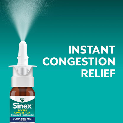 Vicks Sinex SEVERE Nasal Spray, Original Ultra Fine Mist, Decongestant Medicine, Relief from Stuffy Nose due to Cold or Allergy, & Nasal Congestion, Sinus Pressure Relief, 265 Sprays