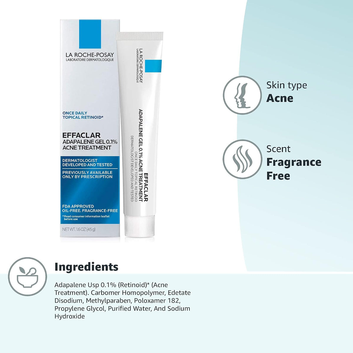 La Roche-Posay Effaclar Adapalene Gel 0.1% Acne Treatment, 1.6oz