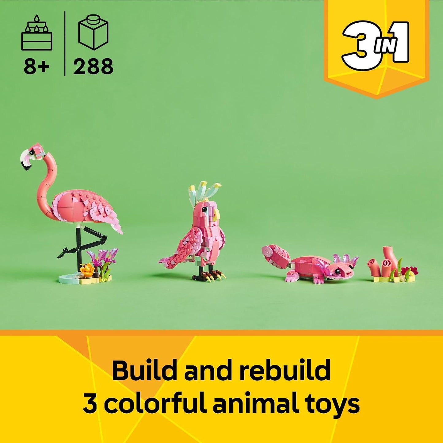 LEGO Creator 3 in 1 Wild Animals: Pink Flamingo Animal Building Toy - Playset with 3 Build Options, Pink Flamingo, Cockatoo, or Axolotl - Learning Toy for Kids, Ages 8+ - 31170