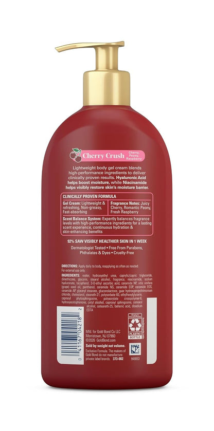Gold Bond Cherry Crush Hydrating Gel Cream, Juicy Cherry Crush Scent, 24-Hour Hydrating Body Lotion with Hyaluronic Acid and Niacinamide, 14 oz.