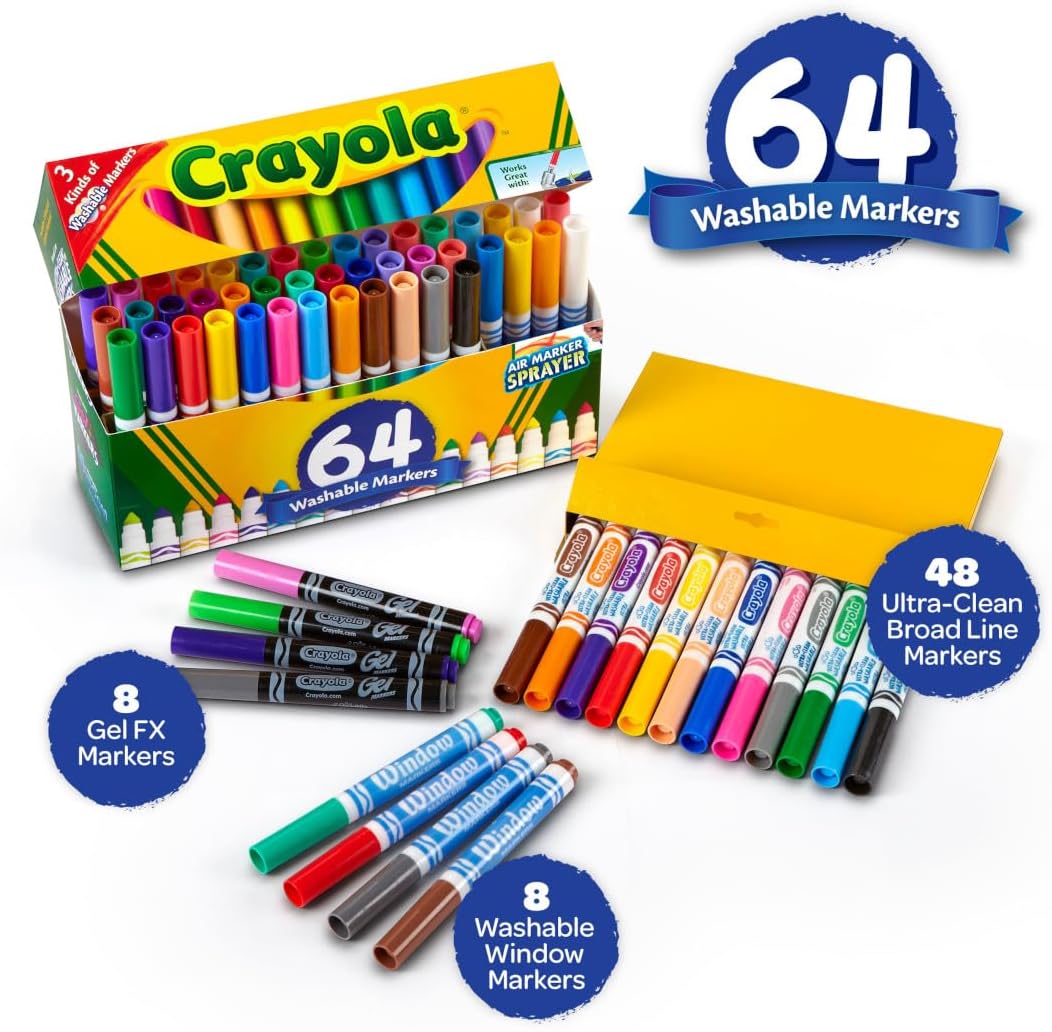 Crayola Washable Broad Line Marker Variety Set (64ct), Teacher School Supplies for Toddlers & Kids, Ultra-Clean, Window, & Gel FX Markers for Kids, 3+