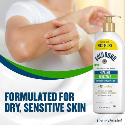 Gold Bond Healing Sensitive Daily Body & Face Lotion for Women & Men, 21 oz | Gold Bond lotion for body & face with aloe moisturizes, soothes dry, sensitive skin, healing lotion value size