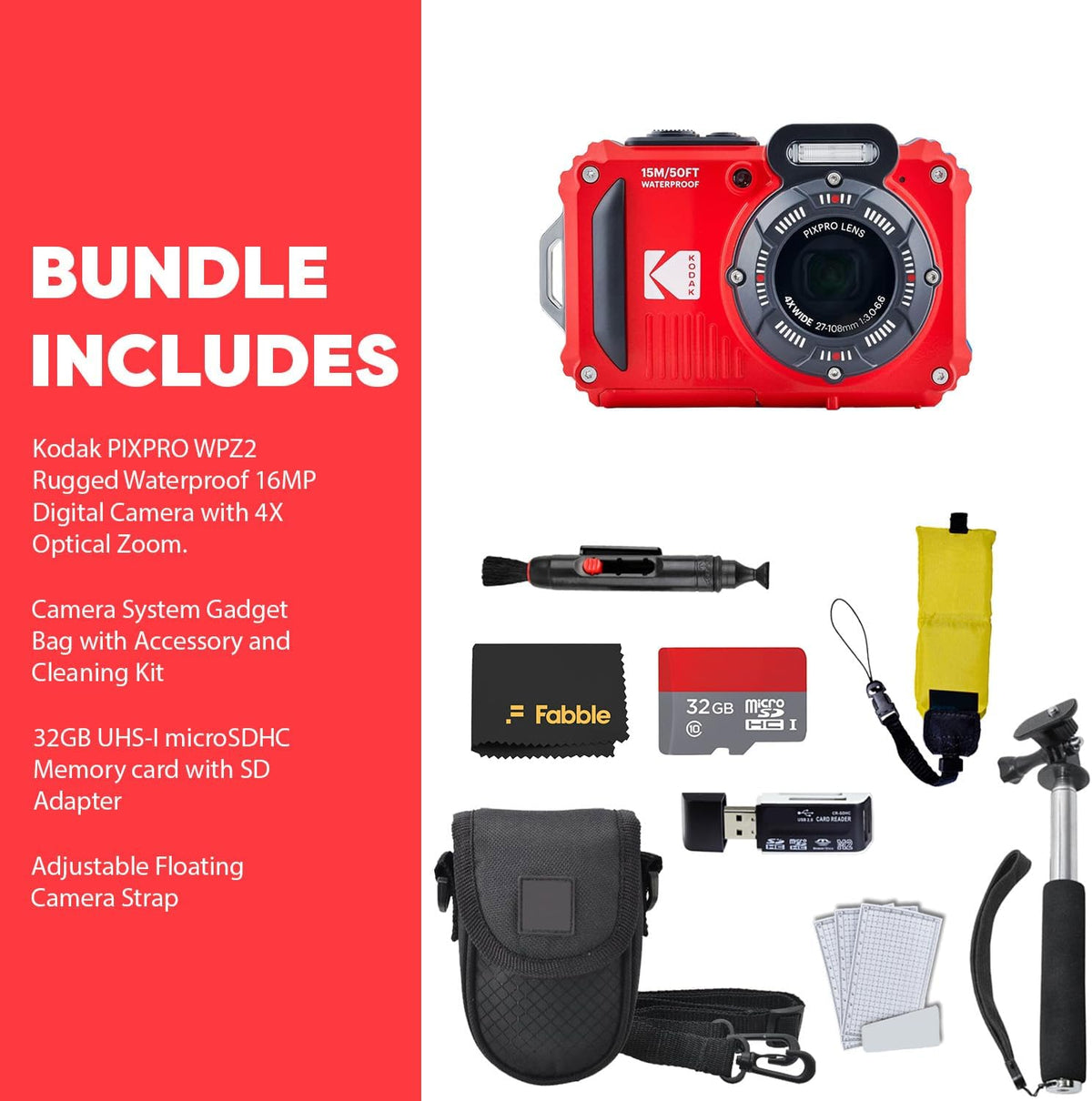 KODAK PIXPRO WPZ2 Rugged Waterproof Digital Camera, Red Bundles with Case, Monopod, Card Reader and More (9 Items)
