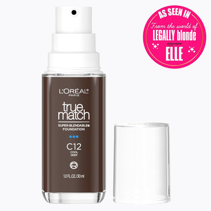 L'Oreal Paris True Match Super-Blendable Foundation, Medium Coverage Liquid Foundation Makeup, C12, Deep, 1 Fl Oz