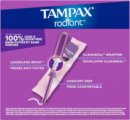 Tampax Radiant Tampons Light Absorbency with BPA-Free Plastic Applicator and LeakGuard Braid, Unscented, 28 Count, Packaging May Vary