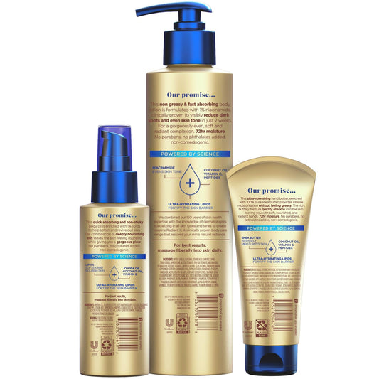 Vaseline Radiant X Skin Care Set -Even Tone Nourishing Body Lotion with 1% Niacinamide &Hydrating Body Oil with One Percent Lipids +Deep Nourishment Hand Butter with 100% Pure Shea Butter(3 Piece Set)