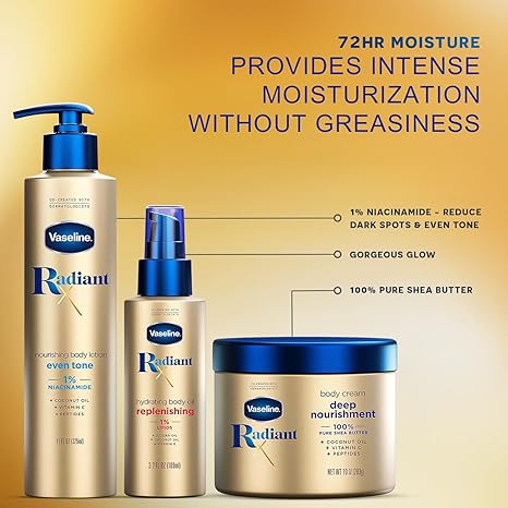 Vaseline Radiant X Skin Care Set –Even Tone Nourishing Body Lotion with 1% Niacinamide, Deep Nourishment Body Cream with Vitamin C + Hydrating Body Oil with Vitamin E (3 Piece Set)