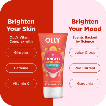 OLLY Bright Body Scrub with Ginseng, Caffeine & Vitamin C– Nourishing Cleanser for Skin Exfoliation, SkinBarrier Repair, Citrus Currant Scent, 6 Fl Oz (Pack of 6)