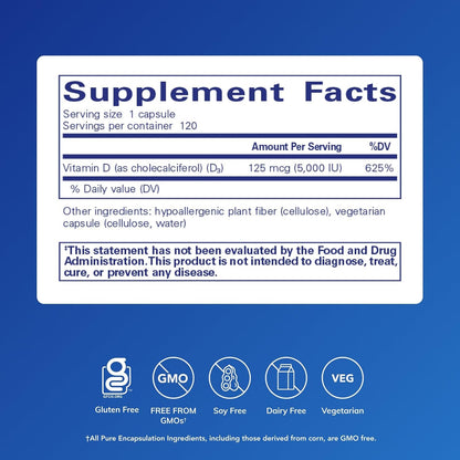 Pure Encapsulations Vitamin D3 125 mcg (5,000 IU), 120 Capsules