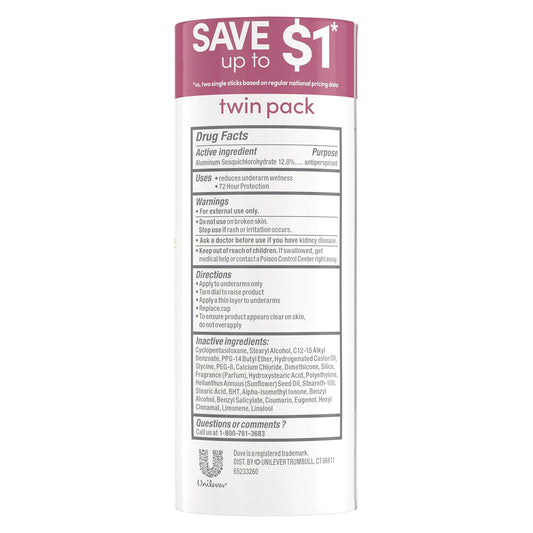 Dove Advanced Care Antiperspirant Caring Coconut, 2 Count Deodorant Stick for Women, for 48 Hour Protection And Soft And Comfortable Underarms, 2.6 oz
