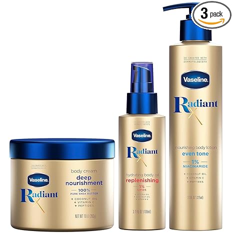 Vaseline Radiant X Skin Care Set –Even Tone Nourishing Body Lotion with 1% Niacinamide, Deep Nourishment Body Cream with Vitamin C + Hydrating Body Oil with Vitamin E (3 Piece Set)