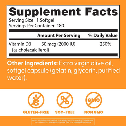 Doctor's Best Vitamin D3 2000 IU Softgels, for Men & Women, 180 Softgels
