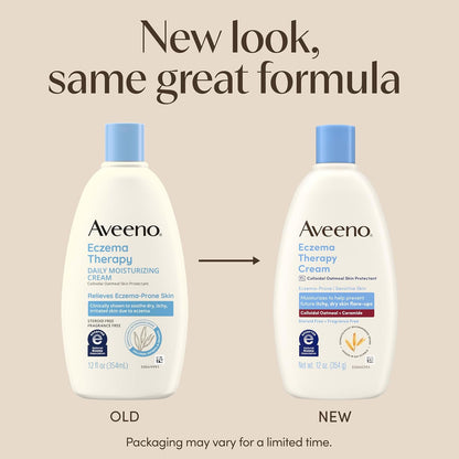 Aveeno Eczema Therapy Daily Moisturizing Body Cream for Sensitive Skin, Soothing Eczema Cream for Dry & Itchy Skin Relief, Colloidal Oatmeal & Ceramide, Steroid- & Fragrance-Free, 12 Oz