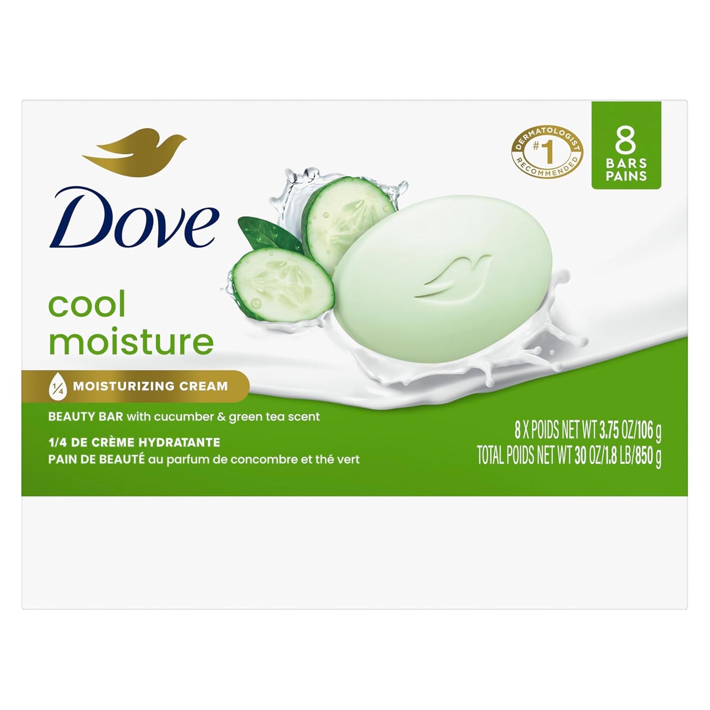 Dove Cool Moisture Beauty Bar Soap 8 Count, Refreshing Cleanser, 3.75 oz I Moisturizing beauty bar with cucumber and green tea scent for refreshed, soft skin
