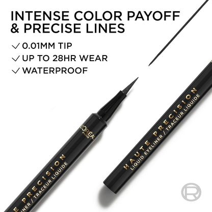 L'Oreal Paris Haute Precision Waterproof Liquid Eyeliner, Smudge-Proof Eye Liner with Micro-Tip, for up to 28HR Eye Makeup Wear, 010 Black Silk
