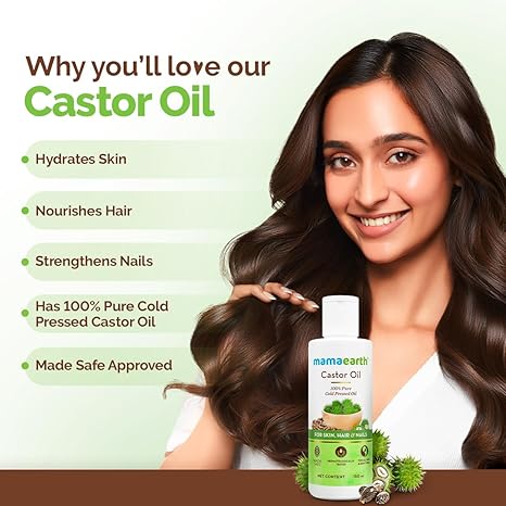 Mamaearth Castor Oil | Cold Pressed Oil for Eyebrow & Eyelash Growth | Organic & Natural Oil for Hair Growth, Radiant Skin & Strong Nails | 5.07 Fl Oz (150ml)