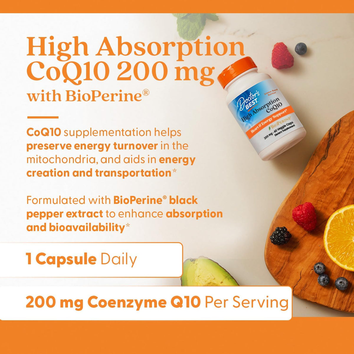 Doctor's BEST High Absorption CoQ10 200mg with BioPerine, 60 Veg Capsules