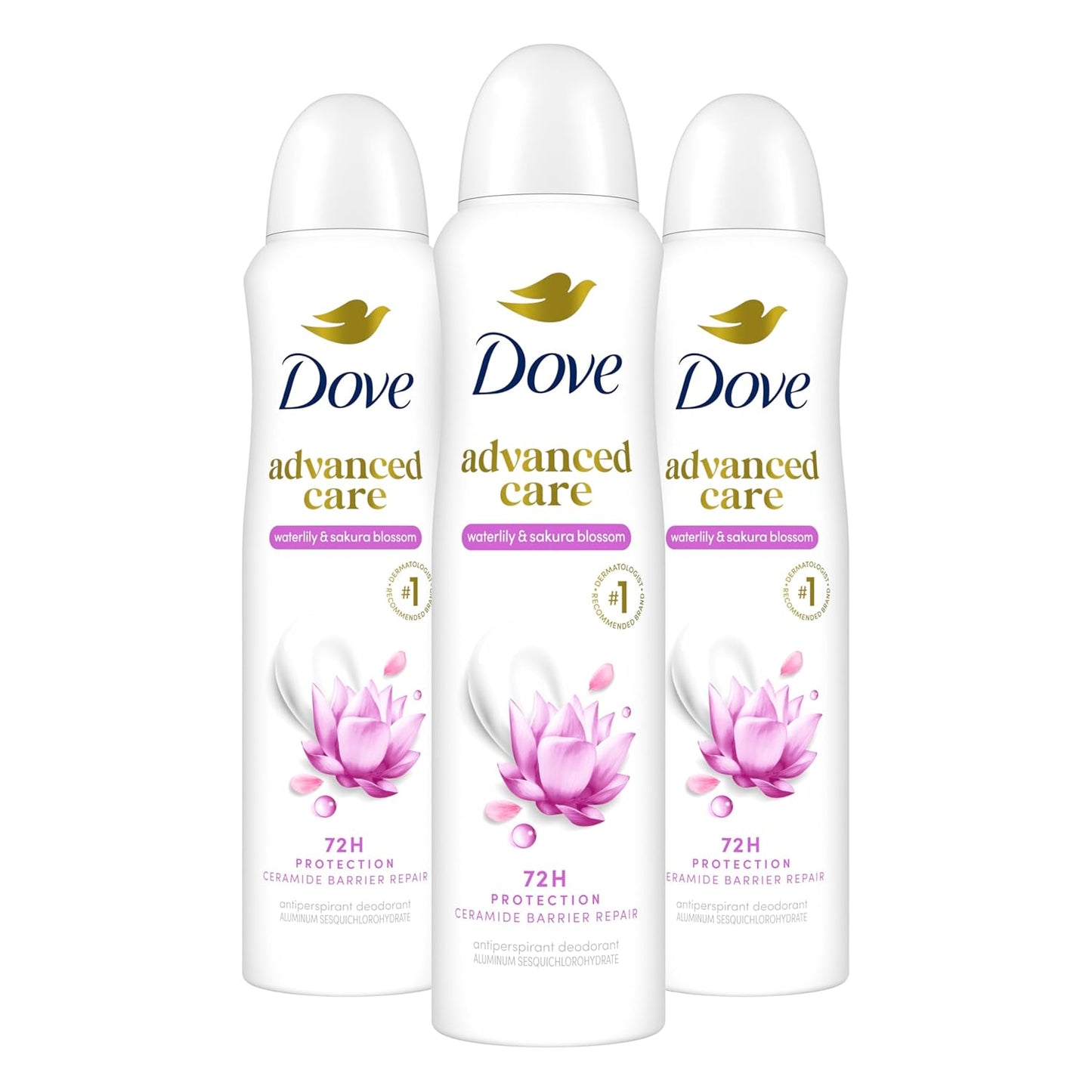 Dove Advanced Care Antiperspirant Deodorant Spray Waterlily & Sakura Blossom 3 Count Moisturizing for After-Shaving Care 72-hour that boost skin's ceramide levels for Soft Underarms 3.8 oz