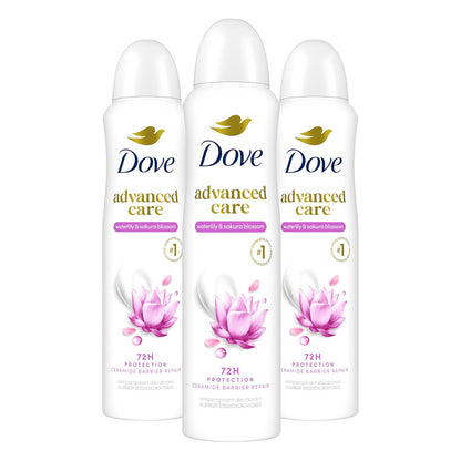 Dove Advanced Care Antiperspirant Deodorant Spray Waterlily & Sakura Blossom 3 Count Moisturizing for After-Shaving Care 72-hour that boost skin's ceramide levels for Soft Underarms 3.8 oz