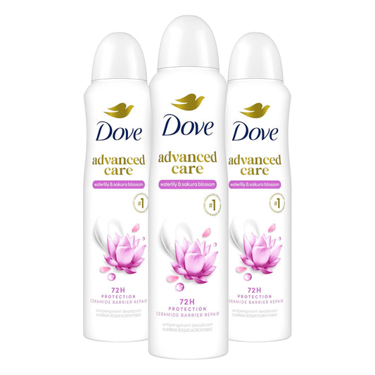 Dove Advanced Care Antiperspirant Deodorant Spray Waterlily & Sakura Blossom 3 Count Moisturizing for After-Shaving Care 72-hour that boost skin's ceramide levels for Soft Underarms 3.8 oz