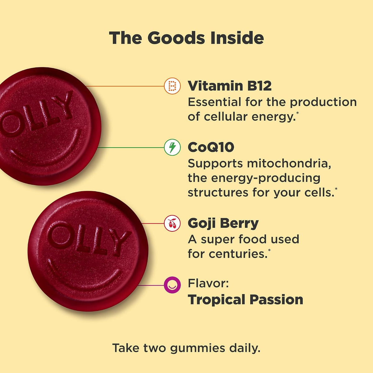 OLLY Daily Energy Gummy,Vitamin B12, CoQ10, Goji Berry - 60 Count