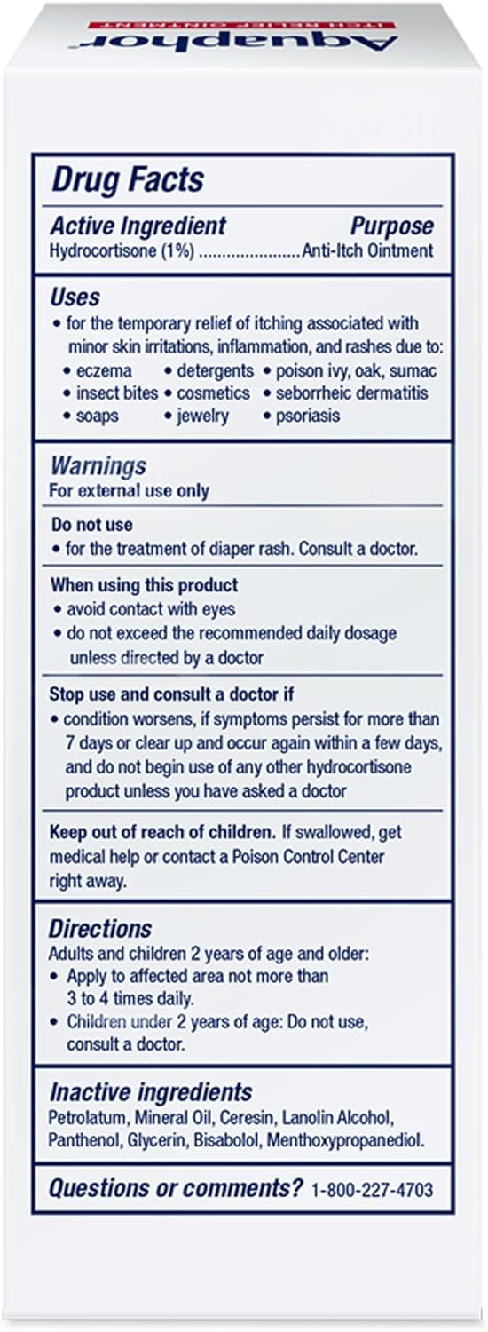 Aquaphor Itch Relief Ointment, Maximum Strength 1% Hydrocortisone, Relieves Itch from Skin Irritation, Insect Bites, Psoriasis, Skin Rashes, Eczema, & Poison Ivy, 2 oz