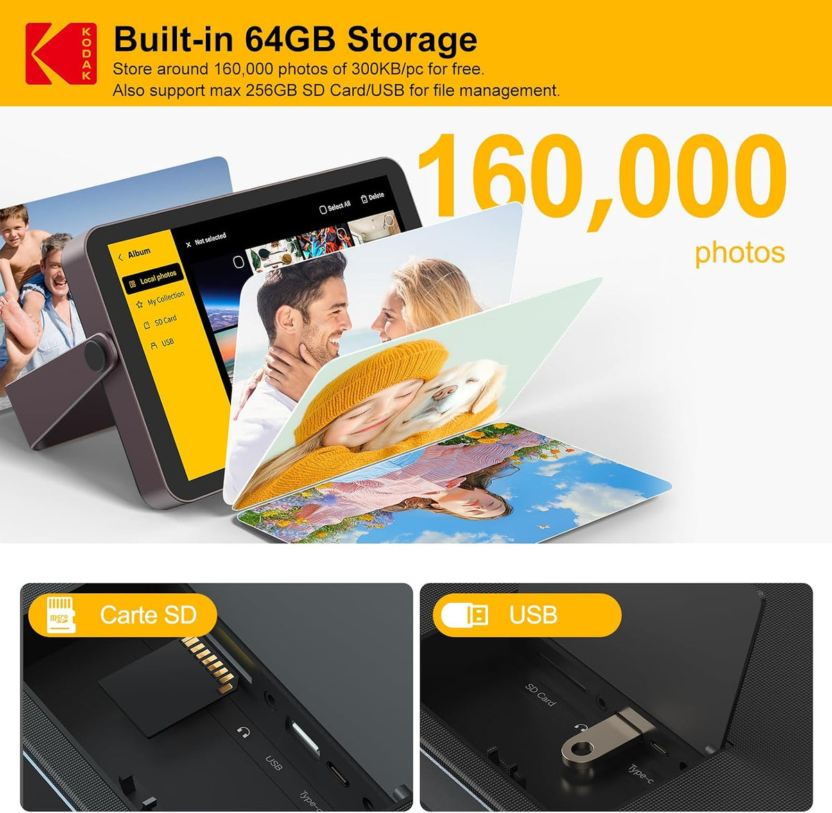 KODAK 64GB WiFi Digital Picture Frame with 4000mAh Battery Powered, 10.1 inch 1280 * 800 G+G IPS Touch Screen Electronic Smart Digital Photo Frame, Auto-Rotate, Gifts for Women Mom