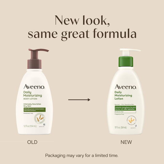 Aveeno Daily Moisturizing Body Lotion with Soothing Prebiotic Oat, Gentle Lotion for Women and Men Nourishes Dry Skin, Paraben-, Dye-, & Fragrance-Free, Non-Greasy & Non-Comedogenic, 12 Fl Oz
