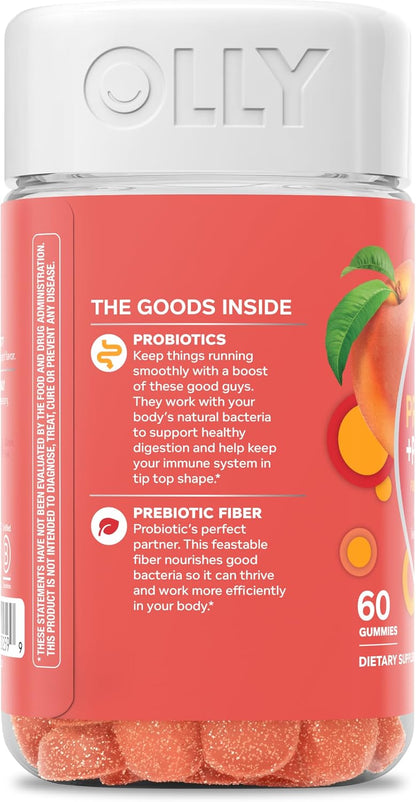 OLLY Probiotic + Prebiotic Gummy,Digestive Support and Gut Health,500 Million CFUs,Fiber,Adult Chewable Supplement for Men and Women,Peach,60 Day Supply -,60 Count (Pack of 2)