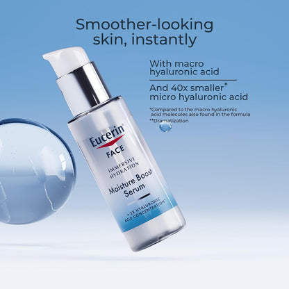 Eucerin Immersive Hydration Smoothing Face Serum, Ultra-Lightweight Hyaluronic Acid Serum Reduces the Look of Fine Lines and Wrinkles, 1 Fl Oz Bottle
