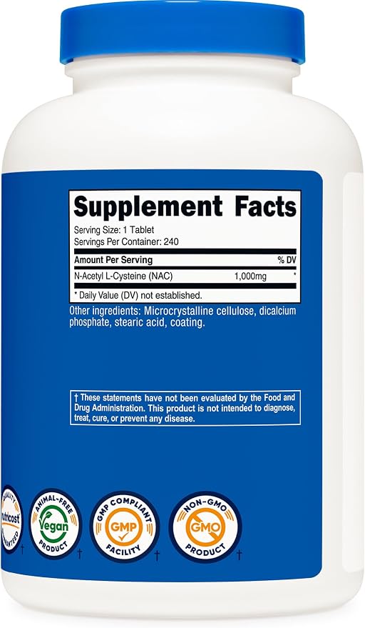 Nutricost N-Acetyl L-Cysteine (NAC) 1000mg, 240 Vegan Tablets, Gluten-Free