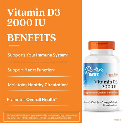Doctor's Best Vitamin D3 2000 IU Softgels, VIT D 3, 180 Veggie Softgels