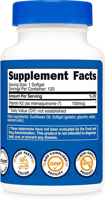 Nutricost Vitamin K2 MK-7 Supplement (100 mcg) 120 Softgels - GMO-Free
