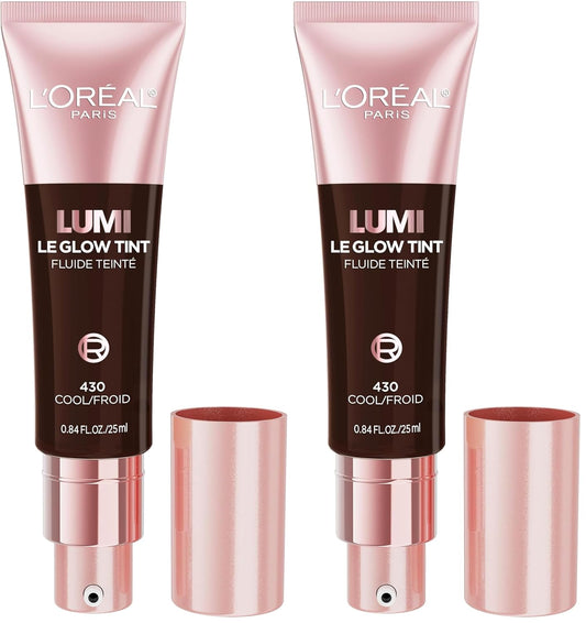 L'Oreal Paris Lumi Le Glow Skin Tint, Lightweight Water-Based Tinted Serum with Foundation-Like Coverage, Glow Illuminator, Cool 430, 0.85 Fl Oz (Pack of 2)