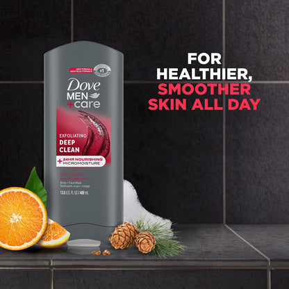 Dove Men+Care Body + Face Wash 3-Pack – Exfoliating Deep Clean with 24HR Nourishing MicroMoisture, Citrus & Cedarwood Scent, 13.5 Oz Ea