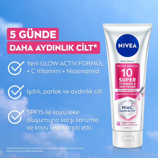 NIVEA Extra Bright Body Serum Lotion, 10 Super Vitamins and Skin Foods, 5.74 fl oz