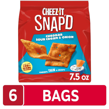 Cheez-It Snap'd Cheese Cracker Chips, Thin Crisps, Lunch Snacks, Cheddar Sour Cream and Onion, 45oz Case (6 Bags)