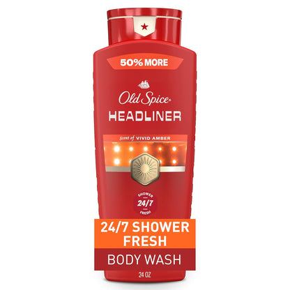 Old Spice Body Wash for Men, 24/7 Shower Fresh & Clean with Daily Use, Lasting Signature Scent, Refreshing Lather, Moisturizing Formula, Headliner with Black Currant, Leather, & Amber Scent, 24 oz