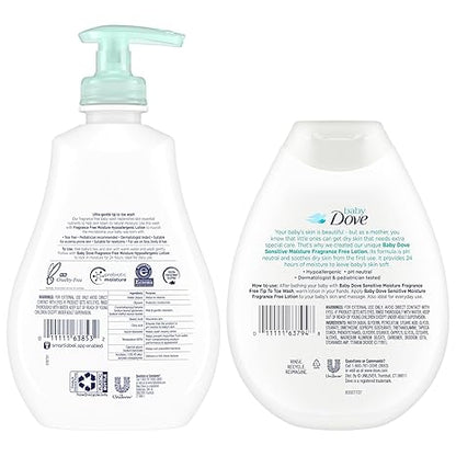 Dove Baby Sensitive Skin Care Bundle – Hypoallergenic Wash & Baby Lotion, Fragrance Free Moisture, Gift Set, 13 Oz Ea (2 Piece Set)