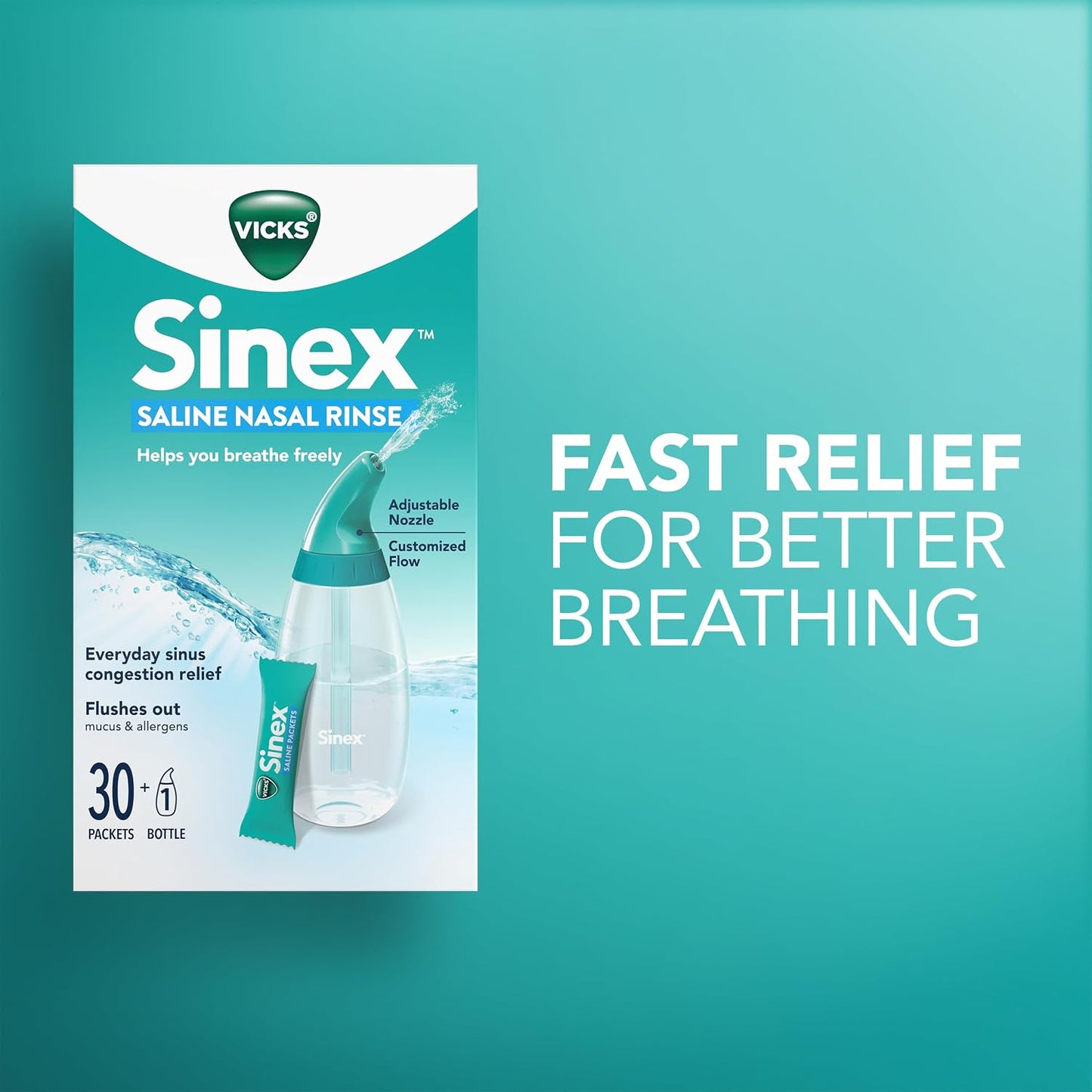 Vicks Sinex Saline Nasal Rinse Starter Kit, Drug Free Saline, Flush Out Mucus and Allergens, Fast & Effective Relief for Everyday Congestion from Sinus & Allergy, 1 Bottle + 30 Refill Packets